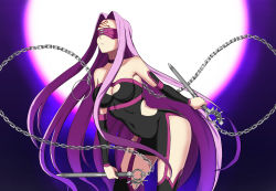 Rule 34 | 1girl, bare shoulders, blindfold, breasts, chain, choker, cleavage, cleavage cutout, clothing cutout, covered navel, detached sleeves, fate/grand order, fate/stay night, fate (series), female focus, gradient background, hip vent, large breasts, long hair, medusa (fate), medusa (rider) (fate), nameless dagger (fate), purple hair, solo, thighhighs, vblue, very long hair