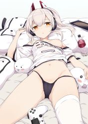 Rule 34 | 1girl, :o, ayanami (azur lane), ayanami (niconico) (azur lane), azur lane, bare shoulders, bed sheet, black panties, blonde hair, blush, blush stickers, bottle, breast slip, breasts, clothes writing, commentary request, controller, cowboy shot, dakimakura (object), dualshock, game controller, gamepad, gotyou, groin, hair between eyes, hair ornament, half-closed eyes, hand up, headgear, headphones, highres, long hair, looking at viewer, lying, navel, niconico, nipples, off-shoulder shirt, off shoulder, on back, one breast out, orange eyes, panties, parted lips, pillow, platinum blonde hair, playstation controller, ponytail, revision, see-through, shirt, short sleeves, side ponytail, silver hair, simple background, single thighhigh, small breasts, solo, stomach, stuffed toy, tablet pc, thighhighs, thighs, underwear, white background, white shirt, white thighhighs