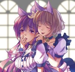 Rule 34 | 2girls, :p, alice margatroid, alternate costume, animal ears, apron, blonde hair, breasts, choker, crescent, crescent hair ornament, enmaided, closed eyes, fake animal ears, hair ornament, kemonomimi mode, knife, long hair, maid, maid apron, multiple girls, patchouli knowledge, purple eyes, purple hair, rainbow2319682, reflection, short hair, smile, tears, tongue, tongue out, touhou, window, yuri