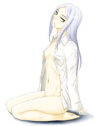 Rule 34 | 00s, bad id, bad pixiv id, barefoot, bottomless, flat chest, gundam, gundam 00, hair in own mouth, kneeling, long hair, marie parfacy, navel, no bra, open clothes, open shirt, shirt, silver hair, solo, soma peries, takaoka aoi, yellow eyes
