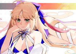 Rule 34 | 1girl, ahoge, artoria caster (fate), artoria caster (swimsuit) (fate), artoria caster (swimsuit) (third ascension) (fate), artoria pendragon (fate), bare shoulders, blonde hair, blue one-piece swimsuit, blue ribbon, blush, bow, breasts, cleavage, detached sleeves, facial mark, fate/grand order, fate (series), forehead mark, green eyes, hair bow, long hair, looking at viewer, medium breasts, one-piece swimsuit, ribbon, smile, solo, swimsuit, thighs, twintails, uxco0, very long hair, white ribbon, white sleeves, wide sleeves