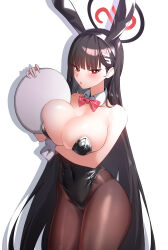 Rule 34 | 1girl, absurdres, alternate costume, animal ears, black hair, black halo, black leotard, blue archive, blunt bangs, blush, bow, bowtie, breasts, brown pantyhose, commentary request, detached collar, dori (choejeongmin7), fake animal ears, hair ornament, hairclip, halo, highres, holding, large breasts, leotard, long hair, looking at viewer, pantyhose, playboy bunny, rabbit ears, red bow, red bowtie, red eyes, rio (blue archive), simple background, solo, very long hair, white background