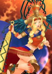 Rule 34 | 1girl, abs, blonde hair, breasts, cape, capelet, crown, fate/grand order, fate (series), fire, green eyes, hair ornament, hair tubes, headband, highres, jewelry, long hair, necklace, open mouth, piercing, quetzalcoatl (fate), shoes, skirt, sword, weapon