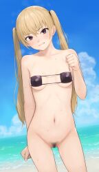 Rule 34 | 1girl, beach, bikini, bikini top only, black bikini, black eyes, blonde hair, bottomless, breasts, censored, clenched hands, collarbone, commentary request, cowboy shot, female focus, female pubic hair, highres, long hair, looking at viewer, mosaic censoring, navel, nude, ocean, original, outdoors, plus step, pubic hair, scowl, small breasts, solo, standing, sweat, swimsuit, tears, trembling, twintails, water