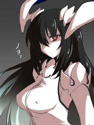 Rule 34 | 10s, 1girl, abyssal ship, anchorage water oni, black hair, breasts, commentary request, dress, covered erect nipples, female focus, goma (gomasamune), horns, kantai collection, large breasts, long hair, red eyes, serious, sketch, solo, translation request, white dress