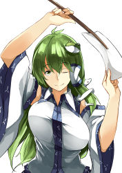 Rule 34 | 1girl, ;), arm up, bouncing breasts, breasts, closed mouth, deetamu, detached sleeves, dress shirt, frog hair ornament, gohei, green eyes, green hair, hair between eyes, hair ornament, hair tubes, japanese clothes, kochiya sanae, large breasts, long hair, looking at viewer, miko, nontraditional miko, one eye closed, oonusa, shirt, sleeveless, sleeveless shirt, smile, snake hair ornament, solo, touhou, unaligned breasts, upper body, white background, white shirt, wide sleeves