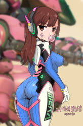 Rule 34 | 1girl, ass, bad id, bad pixiv id, bodysuit, breasts, brown eyes, brown hair, blowing bubbles, chewing gum, d.va (overwatch), facial mark, headphones, highres, impossible bodysuit, impossible clothes, kuma (kuma1994), long hair, looking at viewer, looking back, mecha, meka (overwatch), overwatch, overwatch 1, pilot suit, robot, solo, striped, vertical stripes, whisker markings