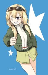 Rule 34 | 1girl, ;d, blonde hair, blue background, blue eyes, bomber jacket, carla j. luksic, clenched hand, dutch angle, eyebrows, goggles, goggles on head, hair between eyes, hand in pocket, highres, jacket, long hair, long sleeves, low twintails, makaze (t-junction), military, military uniform, one eye closed, open mouth, panties, scarf, signature, simple background, smile, solo, star (symbol), strike witches, twintails, underwear, uniform, white panties, world witches series