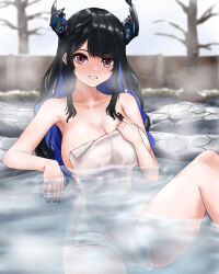 Rule 34 | 1girl, aidoruhakase, asymmetrical horns, black hair, black nails, blue hair, breasts, cleavage, colored inner hair, demon horns, highres, hololive, hololive english, horns, large breasts, looking at viewer, mole, mole under eye, multicolored hair, nail polish, naked towel, nerissa ravencroft, onsen, red eyes, smile, solo, steam, towel, tree, virtual youtuber, water
