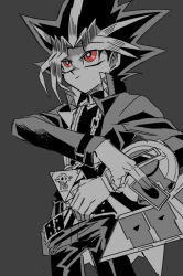 Rule 34 | 1boy, duel disk, jacket, male focus, medium hair, millennium puzzle, open clothes, open jacket, red eyes, shi (shooo ttt), simple background, sketch, solo, spot color, yami yugi, yu-gi-oh!, yu-gi-oh! duel monsters