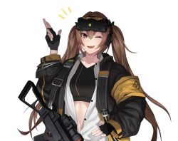 Rule 34 | 1girl, black gloves, bodysuit, breasts, brown hair, cero (last2stage), eyewear on head, fingerless gloves, girls&#039; frontline, gloves, gun, h&amp;k ump, hand up, index finger raised, jacket, long hair, looking at viewer, one eye closed, open clothes, open jacket, open mouth, open shirt, over shoulder, purple eyes, scar, scar across eye, scar on face, shirt, smile, solo, submachine gun, twintails, ump9 (girls&#039; frontline), ump9 (mod3) (girls&#039; frontline), weapon, weapon over shoulder, white background, white shirt