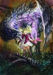 Rule 34 | 1girl, after battle, battlefield, blonde hair, commentary request, dragon, dress, evil smile, extra eyes, floating hair, frilled skirt, frills, highres, jonpei, looking at viewer, magic, pink dress, purple eyes, sharp teeth, skirt, smile, standing, teeth, thighhighs, white skirt, zettai ryouiki