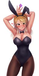 Rule 34 | 1girl, absurdres, alternate costume, animal ears, armpits, arms up, black leotard, blonde hair, blush, breasts, brown eyes, brown hair, cleavage, condom, covered navel, cowboy shot, dark-skinned female, dark skin, eyes visible through hair, fake animal ears, fishnet pantyhose, fishnets, gluteal fold, gradient hair, greenteamousou, groin, gyaru, hair between eyes, heart, highres, holding, idolmaster, idolmaster shiny colors, izumi mei, kogal, large breasts, leotard, long eyelashes, long hair, looking at viewer, multicolored hair, pantyhose, playboy bunny, rabbit ears, solo, tan, tongue, tongue out, tsurime, wrist cuffs