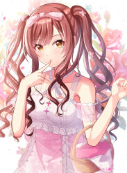Rule 34 | 1girl, bare shoulders, basket, blush, citrusmikan, collarbone, dress, finger to mouth, flower, hair ribbon, highres, idolmaster, idolmaster shiny colors, index finger raised, long hair, looking at viewer, off-shoulder dress, off shoulder, open mouth, osaki amana, petals, red hair, ribbon, rose, solo, swept bangs, twintails, upper body, yellow eyes