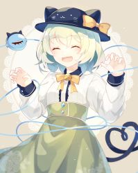 Rule 34 | 1girl, :3, animal hat, arms up, bell, blush, bow, breasts, cat hat, center frills, closed eyes, floral print, frills, green hair, green skirt, hair between eyes, hat, heart, heart of string, highres, komeiji koishi, long sleeves, medium breasts, one-hour drawing challenge, open mouth, paw pose, rose print, shinketsu kanyu, shirt, short hair, skirt, solo, third eye, touhou, white shirt, yellow bow