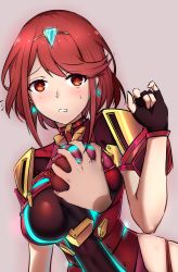 Rule 34 | 1boy, 1girl, armor, black gloves, blush, grabbing another&#039;s breast, breasts, chinese commentary, commentary, disembodied hand, earrings, fingerless gloves, gloves, glowing, grabbing, hetero, highres, jewelry, large breasts, leotard, looking at viewer, parted lips, pink background, pyra (xenoblade), red eyes, red hair, short hair, skindentation, solo focus, sweatdrop, swept bangs, tiara, xenoblade chronicles (series), xenoblade chronicles 2, xiujia yihuizi
