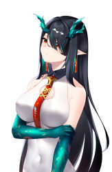 Rule 34 | 1girl, absurdres, arknights, arm tattoo, black collar, black hair, breasts, cleavage cutout, clothing cutout, collar, colored skin, covered navel, dragon horns, dusk (arknights), ear piercing, green hair, green skin, hair between eyes, highres, horns, large breasts, long hair, looking at viewer, necktie, piercing, pointy ears, qiye jiexian, red eyes, red neckwear, sidelocks, simple background, tattoo, upper body, very long hair, white background