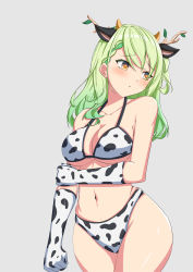 Rule 34 | 1girl, absurdres, animal ears, animal print, antlers, azurecruiser, bare shoulders, bikini, blush, branch, breasts, ceres fauna, cow ears, cow horns, cow print, cow print bikini, elbow gloves, facing viewer, gloves, green hair, grey background, highres, holding own arm, hololive, hololive english, horns, large breasts, leaf, long hair, looking to the side, mole, mole under eye, navel, print bikini, print gloves, raised eyebrows, simple background, skindentation, solo, stomach, swimsuit, underboob, virtual youtuber, wide hips, yellow eyes