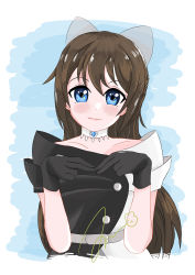 Rule 34 | 1girl, absurdres, aqua background, aqua eyes, artist name, artist request, back bow, bare shoulders, belt, black dress, black gloves, blue eyes, blush, bow, bow hairband, breasts, brooch, brown hair, buttons, choker, cleavage, close-up, collarbone, diamond (gemstone), dress, drop earrings, earrings, evening gown, female focus, gloves, grey belt, grey bow, hair between eyes, hair bow, hairband, half updo, high ponytail, highres, jewelry, lace, lace gloves, long hair, looking at viewer, love live!, love live! nijigasaki high school idol club, love live! school idol festival, multicolored clothes, multicolored dress, off-shoulder dress, off shoulder, osaka shizuku, parted lips, pink lips, plaid, plaid dress, pleated, pleated dress, ponytail, sleeveless, sleeveless dress, small breasts, smile, solitude rain (love live!), solo, two-tone dress, upper body, white background, white bow, white choker, white dress