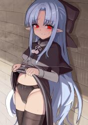 Rule 34 | 1girl, black bow, black capelet, black dress, black panties, blue hair, blush, bow, brick wall, capelet, clothes lift, commentary, cowboy shot, dress, dress lift, flat chest, fur collar, fur trim, groin, hair bow, highres, len (tsukihime), lifting own clothes, light blush, long hair, long sleeves, looking at viewer, navel, nervous, nervous smile, panties, parted bangs, pointy ears, pom pom (clothes), red eyes, ribbon panties, sidelocks, smile, solo, susu (ysy), sweat, sweatdrop, tally, thighhighs, tsukihime, underwear, very long hair