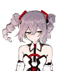 Rule 34 | 1girl, 5rwpvc, absurdres, bare shoulders, bronya zaychik, bronya zaychik (drive kometa), bronya zaychik (yamabuki armor), closed mouth, collarbone, dress, drill hair, eyebrows hidden by hair, grey eyes, grey hair, hair between eyes, highres, honkai (series), honkai impact 3rd, looking to the side, simple background, solo, twin drills, twintails, upper body, white background, white dress