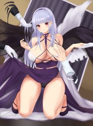 Rule 34 | 1girl, azur lane, black panties, black wings, blush, grabbing another&#039;s breast, breasts, criss-cross halter, dido (anxious bisque doll) (azur lane), dido (azur lane), disembodied hand, dress, feathered wings, grabbing, hairband, halter dress, halterneck, hand in another&#039;s hair, highres, kdkaikai, large breasts, large wings, long dress, long hair, panties, purple dress, purple hair, purple hairband, red eyes, sitting, sleeve cuffs, thick thighs, thighs, underwear, wings