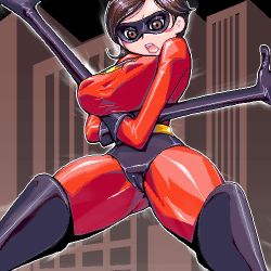Rule 34 | 1girl, blush, bodysuit, boots, breast hold, breasts, brown hair, cameltoe, costume, covered erect nipples, crossed arms, domino mask, elastigirl, flexible, gloves, helen parr, large breasts, latex, latex gloves, lowres, mask, matagitii, mature female, oekaki, short hair, solo, superhero costume, the incredibles, thick thighs, thigh boots, thighhighs, thighs
