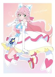 Rule 34 | 1girl, bare shoulders, boots, bow, character name, commentary, cure prism, dress, earrings, elbow gloves, eyelashes, gloves, gradient background, green eyes, hair bow, hair ornament, happy, heart, highres, hirogaru sky! precure, jewelry, knee boots, kneehighs, long hair, looking at viewer, magical girl, nijigaoka mashiro, pink hair, precure, shirako love, smile, socks, solo, symbol-only commentary, v, white dress, white gloves