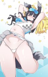 Rule 34 | 1girl, animal ears, armpits, arms up, black hair, blue archive, blush, breasts, cameltoe, cheerleader, cleft of venus, confetti, dog ears, dog girl, dog tail, eyewear on head, goggles, goggles on head, halo, hibiki (blue archive), hibiki (cheer squad) (blue archive), highres, holding, holding pom poms, long hair, looking at viewer, medium breasts, millennium cheerleader outfit (blue archive), navel, nipple slip, nipples, official alternate costume, panties, pom pom (cheerleading), pom poms, pussy, pussy peek, skirt, solo, standing, standing on one leg, sticker on face, string panties, tail, tearing up, underwear, uuronhai, white skirt