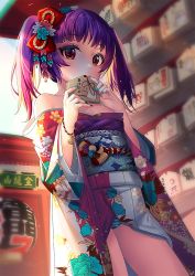 Rule 34 | 1girl, blue nails, blurry, blurry background, blush, bow, commission, covered mouth, day, depth of field, ema, fire emblem, fire emblem: the sacred stones, floral print, hair bow, hair ornament, hands up, holding, japanese clothes, kashi kosugi, kimono, long sleeves, looking at viewer, multicolored nails, myrrh (fire emblem), nail polish, nintendo, obi, off shoulder, open clothes, open kimono, outdoors, panties, print kimono, purple hair, purple kimono, purple nails, red bow, red eyes, sash, solo, standing, striped clothes, striped panties, thighs, twintails, underwear, unmoving pattern, wide sleeves