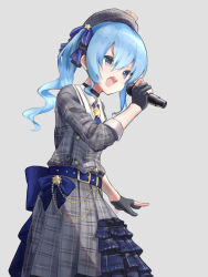 Rule 34 | 1girl, belt, belt buckle, black gloves, blue belt, blue eyes, blue hair, buckle, buttons, gloves, grey background, grey hat, hair between eyes, hat, highres, holding, holding microphone, hololive, hoshimachi suisei, hoshimachi suisei (1st costume), long hair, microphone, music, one side up, open mouth, partially fingerless gloves, singing, solo, star (symbol), tamasa yamoto, teeth, tongue, upper teeth only, virtual youtuber