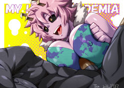 Rule 34 | 1boy, 1girl, areola slip, ashido mina, between breasts, black sclera, bodysuit, boku no hero academia, border, breasts, cleavage, colored sclera, colored skin, covered erect nipples, furry, hetero, horns, konakona, large breasts, messy hair, open mouth, paizuri, paizuri over clothes, penis, pink hair, pink skin, short hair, sleeveless, smile, teeth, tongue, upper teeth only, white border, yellow background, yellow eyes