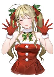 Rule 34 | 1girl, :d, ^ ^, absurdres, ahoge, bell, blonde hair, blush, breasts, christmas, closed eyes, collarbone, commentary request, cropped torso, detached collar, dress, ear piercing, facing viewer, fang, fur collar, fur trim, gloves, green ribbon, hair ornament, hair ribbon, hands up, head tilt, highres, jingle bell, large breasts, long hair, mole, mole under eye, neck ribbon, open hands, open mouth, original, piercing, pom pom (clothes), red dress, red gloves, red ribbon, ribbon, santa dress, sidelocks, simple background, smile, solo, strapless, strapless dress, twintails, upper body, white background, x hair ornament, xretakex, |d