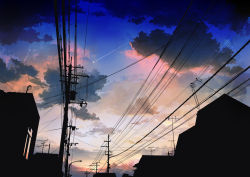 Rule 34 | cloud, commentary request, contrail, from below, highres, house, lamppost, no humans, original, power lines, radio antenna, remosse512, road, scenery, silhouette, sky, street, sunrise, transformer, twilight, utility pole