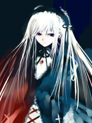 Rule 34 | 00s, black background, kei (keigarou), pale skin, red eyes, rozen maiden, silver hair, simple background, solo, suigintou