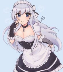Rule 34 | 1girl, apron, azur lane, belfast (azur lane), black choker, black gloves, black skirt, blue background, blue eyes, braid, breasts, choker, cleavage, commentary, cowboy shot, fingerless gloves, french braid, frilled apron, frills, gloves, grey hair, hand up, highres, large breasts, long hair, maid, maid headdress, purrlucii, simple background, skirt, solo, standing, very long hair, waist apron, white apron