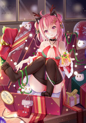 Rule 34 | absurdres, ahoge, animal ears, antlers, bare shoulders, black pantyhose, cat ears, chinese commentary, choker, christmas, collarbone, commentary request, dated, detached sleeves, double bun, fur trim, gift, glass writing, hair bun, highres, horns, indoors, legs, lights, long hair, long sleeves, miaogujun, nail polish, o-ring, o-ring top, original, ornament, pantyhose, pink hair, pink nails, purple eyes, red shirt, reindeer antlers, religious offering, ribbon, santa costume, shirt, sitting, smile, soles, solo, thighs, tongue, tongue out, unworn pantyhose, window