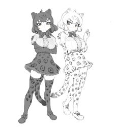 Rule 34 | 2girls, absurdres, animal ear fluff, animal ears, arm behind back, arms under breasts, bad id, bad pixiv id, belt, black footwear, black jaguar (kemono friends), blush, bow, bowtie, breasts, center frills, crossed arms, elbow gloves, extra ears, frilled shirt, frills, frown, full body, fur collar, fur trim, gloves, greyscale, hand up, highres, jaguar (kemono friends), jaguar ears, jaguar girl, jaguar print, jaguar tail, kemono friends, kona ming, large breasts, legs apart, looking at viewer, monochrome, multiple girls, print gloves, print legwear, print skirt, shirt, shoes, short hair, short sleeves, simple background, skirt, smile, standing, tail, thighhighs, white background, white footwear, zettai ryouiki