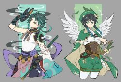 Rule 34 | 2boys, aqua hair, arm tattoo, bead necklace, beads, black hair, blue hair, bow, braid, cape, closed mouth, commentary, cropped legs, facial mark, feathered wings, flower, forehead mark, genshin impact, gloves, green eyes, green hair, grey background, hair between eyes, highres, holding, holding instrument, holding mask, holding weapon, instrument, jewelry, long sleeves, looking at viewer, lyre, male focus, mask, multicolored hair, multiple boys, necklace, papajay (jennygin2), polearm, simple background, symbol-only commentary, tattoo, twin braids, venti (genshin impact), weapon, white legwear, wings, xiao (genshin impact), yellow eyes, yellow flower