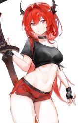 Rule 34 | 1girl, adapted costume, arknights, bare arms, bare shoulders, belt, black choker, black gloves, black shirt, breasts, choker, closed mouth, commentary, contrapposto, cowboy shot, crop top, fingerless gloves, frown, gloves, gnai, hair between eyes, hair intakes, highres, holding, holding sword, holding weapon, horns, long hair, looking at viewer, medium breasts, micro shorts, midriff, navel, off shoulder, pink eyes, pout, purple eyes, red hair, red shorts, revealing clothes, shirt, short shorts, short sleeves, shorts, side-tie shirt, slit pupils, solo, standing, stomach, surtr (arknights), surtr (liberte echec) (arknights), sword, thighs, v-shaped eyebrows, weapon