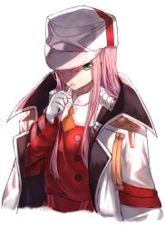 Rule 34 | 10s, 1girl, buttons, candy, coat, cropped torso, darling in the franxx, double-breasted, food, food on face, gloves, green eyes, hair over one eye, hat, highres, jacket, jacket on shoulders, lollipop, long hair, long sleeves, looking at viewer, military, military jacket, military uniform, open clothes, open coat, pink hair, shaded face, sidelocks, simple background, solo, straight hair, uniform, upper body, white background, white coat, white gloves, white hat, yuuki nao (pixiv10696483), zero two (darling in the franxx)