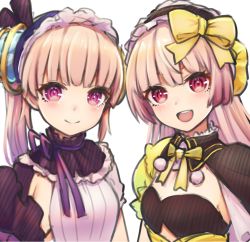 Rule 34 | 2girls, :d, atelier (series), atelier lydie &amp; suelle, bow, bowtie, frills, hair bow, hairband, highres, kinakonato, long hair, looking at viewer, lydie marlen, multiple girls, open mouth, pink eyes, pink hair, short hair, siblings, side ponytail, sisters, smile, suelle marlen, twins, upper body, white background, yellow bow