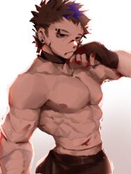 Rule 34 | 1boy, arknights, backlighting, bara, black choker, black gloves, black hair, black pants, blood, blood on arm, choker, closed mouth, earrings, eyebrow piercing, gloves, gradient background, highres, humanization, jewelry, male focus, multicolored hair, muscular, muscular male, nipples, p7ywirzyw8lesuc, pants, pectorals, piercing, solo, spot (arknights), streaked hair, topless male, white background, wiping face