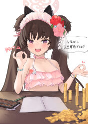 Rule 34 | 1girl, bikini, blue archive, blush, breasts, brown hair, cleavage, coin, collarbone, commentary, frilled bikini, frills, halo, heart, highres, long hair, looking at viewer, official alternate costume, open mouth, pink bikini, pink halo, purple eyes, ryh4, shizuko (blue archive), shizuko (swimsuit) (blue archive), simple background, small breasts, smile, solo, speech bubble, swimsuit, translation request, twintails, white background