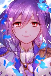 Rule 34 | 1girl, bad id, bad pixiv id, bang dream!, closed mouth, epaulettes, gem, gloves, hair between eyes, hands up, light particles, long hair, looking at viewer, mamaloni, petals, purple hair, red eyes, seta kaoru, smile, solo, upper body, white gloves