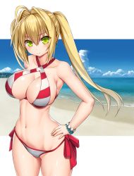 Rule 34 | 1girl, absurdres, ahoge, alternate hairstyle, asamura hiori, beach, bikini, blonde hair, blush, breasts, cleavage, closed mouth, collarbone, cowboy shot, criss-cross halter, day, fate/grand order, fate (series), green eyes, hair between eyes, hair intakes, halterneck, hand on own hip, highres, large breasts, long hair, looking at viewer, navel, nero claudius (fate), nero claudius (fate) (all), nero claudius (swimsuit) (fate), nero claudius (swimsuit caster) (fate), ocean, side-tie bikini bottom, sidelocks, smile, solo, swimsuit, thighs, tsurime, twintails, white bikini