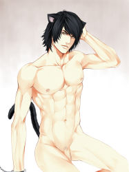 Rule 34 | 1boy, abs, animal ears, artist request, black hair, cat boy, cat ears, cat tail, chain, flaccid, male focus, nude, pectorals, penis, short hair, solo, source request, tagme, tail, yellow eyes