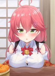 Rule 34 | 1girl, absurdres, ahoge, bell, blush, bow, bowtie, breast rest, breasts, breasts on table, collared shirt, commentary, fairykill, flower, food, fruit, green eyes, hair between eyes, hair flower, hair ornament, highres, hololive, indoors, jingle bell, large breasts, long hair, looking at viewer, neck bell, orange (fruit), parted lips, pink hair, red bow, red bowtie, sakura miko, sakura miko (casual), shirt, solo, sweatdrop, twintails, upper body, virtual youtuber, white shirt