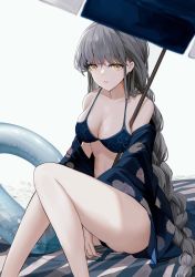 Rule 34 | 1girl, amamizu shizuku, bare legs, bare shoulders, bikini, blue bikini, blue robe, braid, braided ponytail, breasts, cleavage, closed mouth, collarbone, commission, grey hair, highres, legs, long hair, looking at viewer, medium breasts, open clothes, open robe, original, robe, sitting, skeb commission, solo, swimsuit, thighs, towel, umbrella, white background, yellow eyes