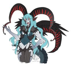 Rule 34 | 1girl, alternate breast size, artist logo, artist name, black wings, blue hair, blue scales, body fur, breasts, brown wings, claws, commentary, curled horns, english commentary, fangs, fate/grand order, fate (series), feathered wings, furred dragon, gradient skin, hand on own hip, highres, horns, large horns, long hair, long horns, medium breasts, monster girl, multiple wings, navel, neon (theneonflower), open mouth, red eyes, redesign, scales, sharp teeth, signature, simple background, solo, symbol-shaped pupils, tail, teeth, tiamat (fate), very long hair, watermark, white background, wings, x-shaped pupils